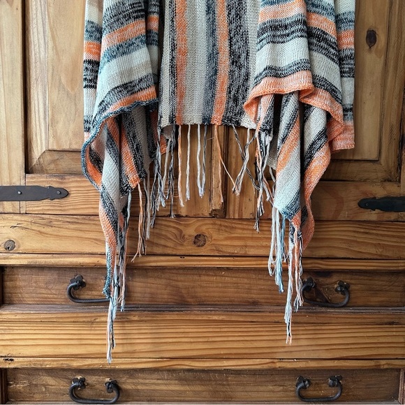 Poof Striped Knit Fringe Cardigan Sweater with Hoodie Cream Black Orange - Large - Picture 10 of 11